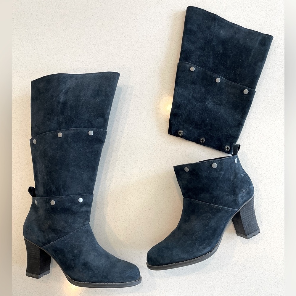 Navy blue suede CAT knee-high, tall boots, size 8, medium